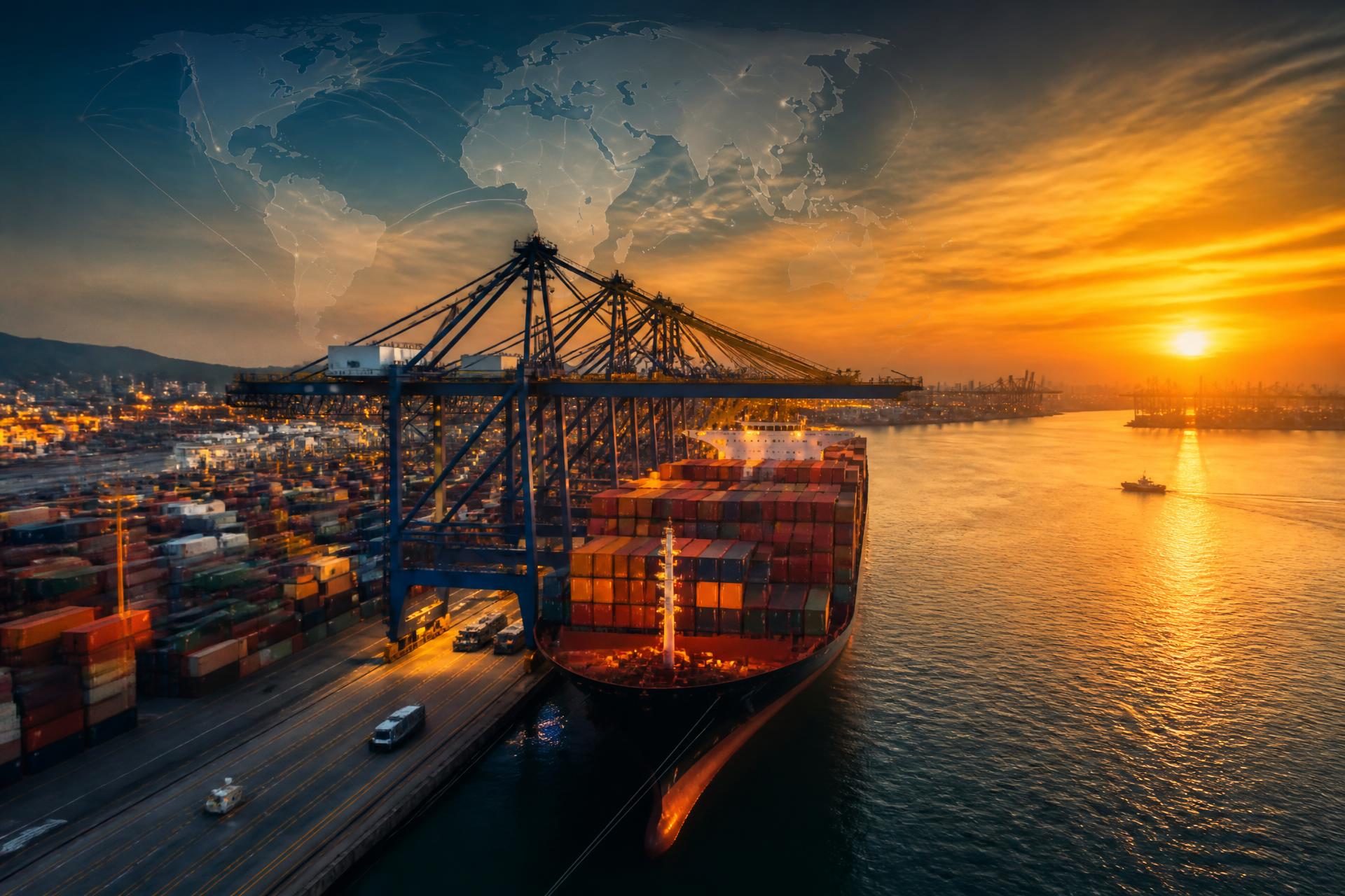Global trade shipping port at sunset with world map overlay